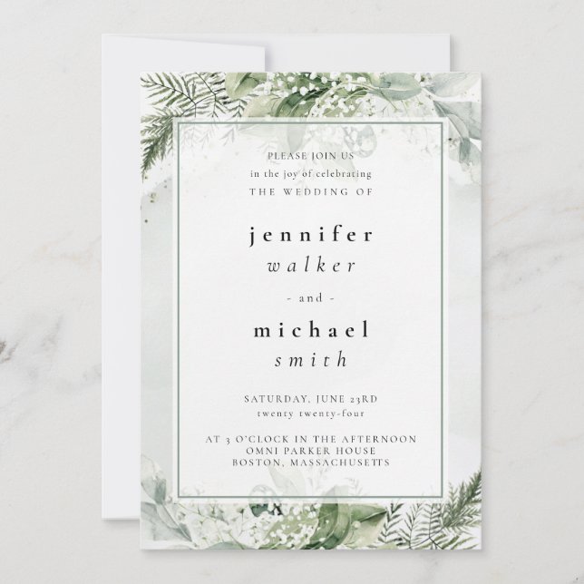Invitación Vegetación rústica, Boda de follaje blanco y verde (Anverso)