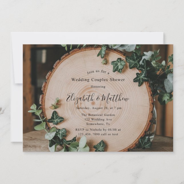 Invitación Vegetación rústica y ducha de pareja Boda de leña (Anverso)