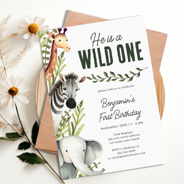 Invitación Vegetación salvaje de una jungla Safari Greenery P (Wild One Jungle Safari Greenery 1st Birthday Party Invitation)