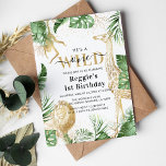 Invitación Vegetación salvaje de una selva y Fiesta del prime<br><div class="desc">Elegante invitación a la fiesta de cumpleaños con temática neutra de safari,  con vegetación tropical,  falsos animales de la jungla de oro (león,  jirafa y mono),  confeti de oro y una plantilla de cumpleaños moderna que es fácil de personalizar usando la opción "personalizar más lejos".</div>