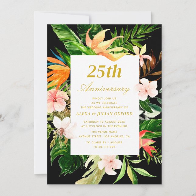 Invitación vegetación tropical floral 25º aniversario boda (Anverso)