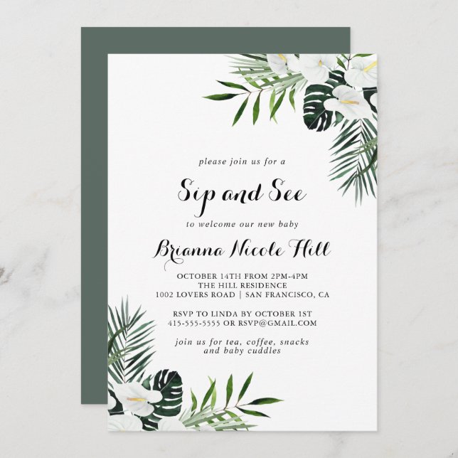 Invitación Vegetación tropical Viernes y Sip Floral Blanco (Anverso / Reverso)