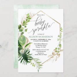 Invitación Vegetación tropical y chispa de bebé dorada y eleg