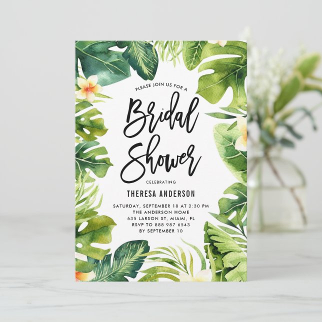 Invitación Vegetación tropical y ducha de novias Plumeria (Anverso de pie)