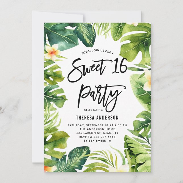 Invitación Vegetación tropical y Plumeria dulce 16 Fiesta (Anverso)
