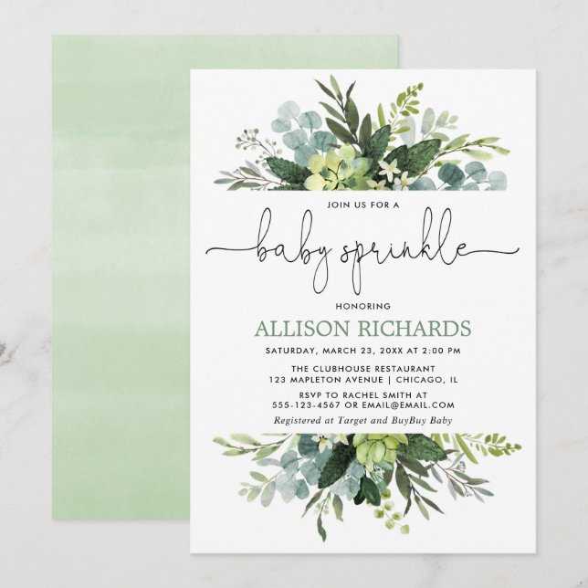 Invitación Vegetación verde neutra de género rociado de bebé (Anverso / Reverso)