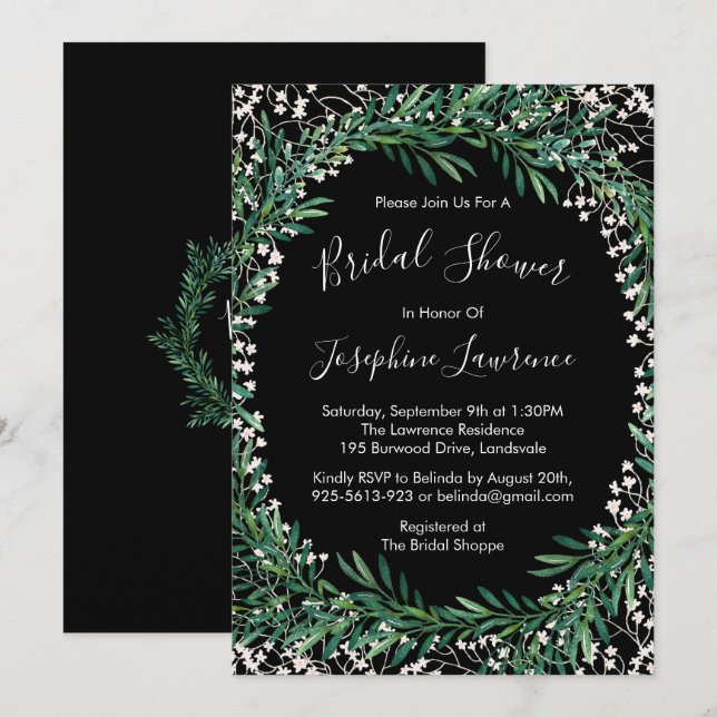 Invitación Vegetación y Floretas acuarela Ducha Negra Bridal (Anverso / Reverso)