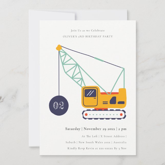 Invitación Vehículo Cute Construction Crane Cualquier Cumplea (Anverso)