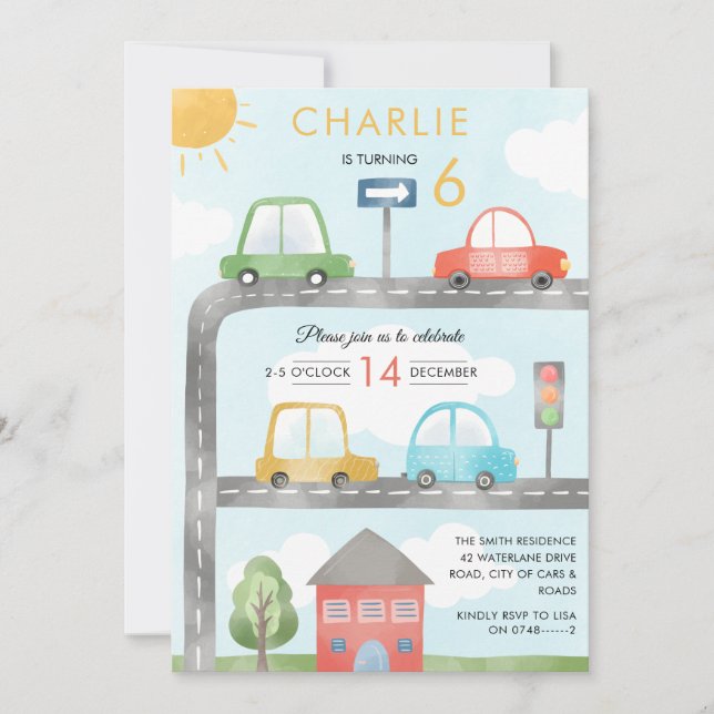 Invitación Vehículos de automóviles y cumpleaños de un niño e (Anverso)