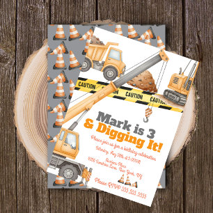 Invitación Vehículos de Construcción Cumpleaños 3er Volquete