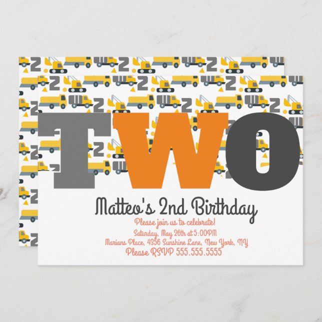 Invitación Vehículos de construcción Dump de cumpleaños Big T (Anverso / Reverso)