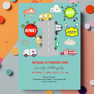 Invitación Vehículos de pitido de hongos de primer cumpleaños