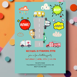 Invitación Vehículos de pitido de hongos para niños cumpleaño