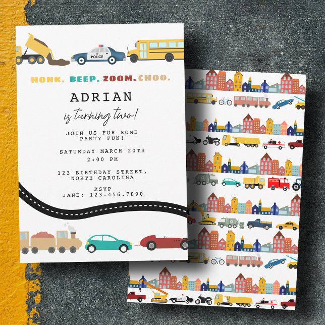 Invitación Vehículos de Transporte Ciudad Camión Segundo Cump (City Transportation Vehicles Truck Second Birthday Invitation)