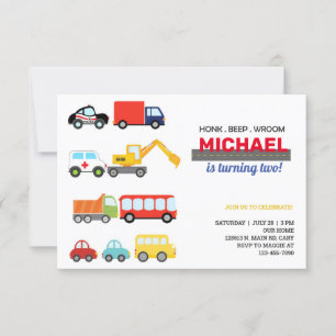 Invitación Vehículos de transporte, coches y camiones, cumple