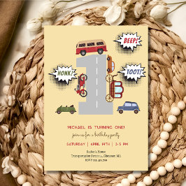 Invitación Vehículos retro de pitido de hongos primer cumplea