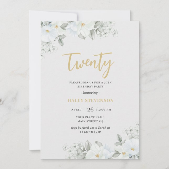 Invitación Veinte años blancos y dorados elegantes de floral  (Anverso)