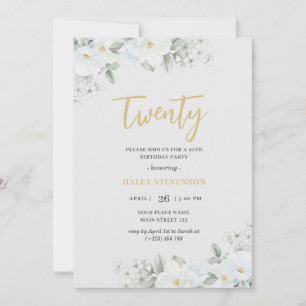 Invitación Veinte años blancos y dorados elegantes de floral 