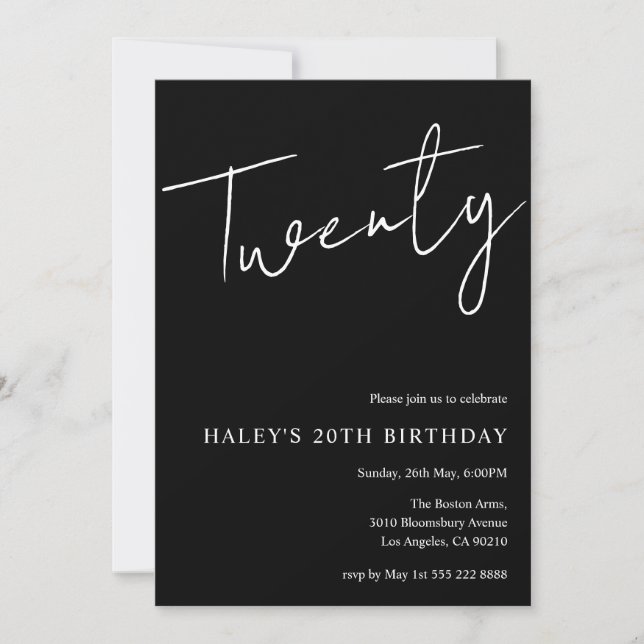 Invitación Veinte Cumpleaños Moderno Simple Negro 20 (Anverso)