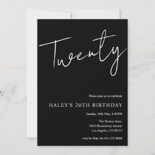 Invitación Veinte Cumpleaños Moderno Simple Negro 20