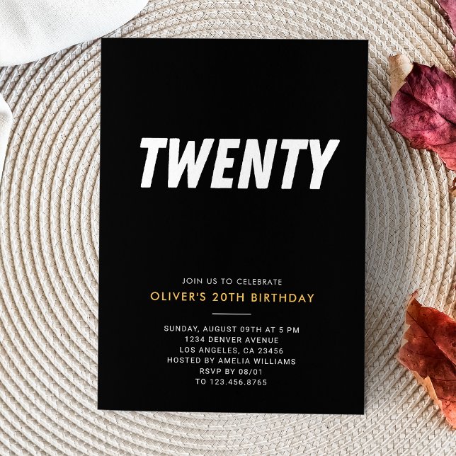 Invitación Veinte | Simple Black & Gold 20th Birthday Party (Twenty | Simple Black & Gold 20th Birthday Party Invitation
)