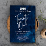 Invitación Veinte Sobre | Fiesta de sorpresa de cumpleaños 21<br><div class="desc">Veintiuno | La invitación a la fiesta sorpresa de cumpleaños 21 de Navy Blue tiene un fondo de color azul profundo,  adornado con sofisticados elementos textuales blancos que transmiten el mensaje "¡SHH! es una sorpresa por el cumpleaños 21." Personalice esta invitación incorporando sus detalles e información fiesta únicos.</div>