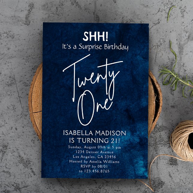Invitación Veinte Sobre | Fiesta de sorpresa de cumpleaños 21 (Twenty On | Navy Blue 21st Birthday Surprise Party Invitation
)