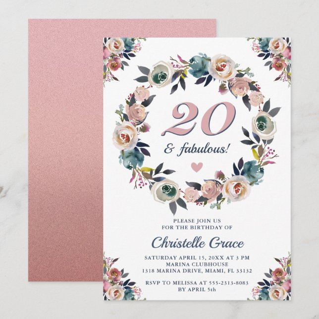 Invitación Veinte y fabulosa fiesta de cumpleaños número 20 (Anverso / Reverso)