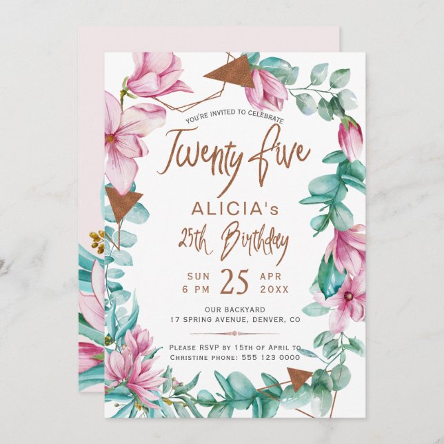 Invitación Veinticinco acuarela floral fiesta de cumpleaños 2 (Anverso / Reverso)