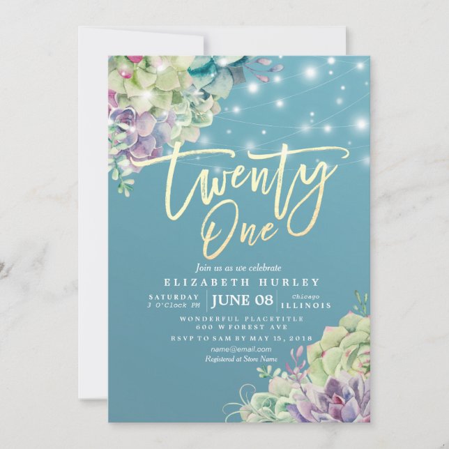 Invitación Veintiún 21 Cumpleaños Fiesta Acuarela Suculento (Anverso)