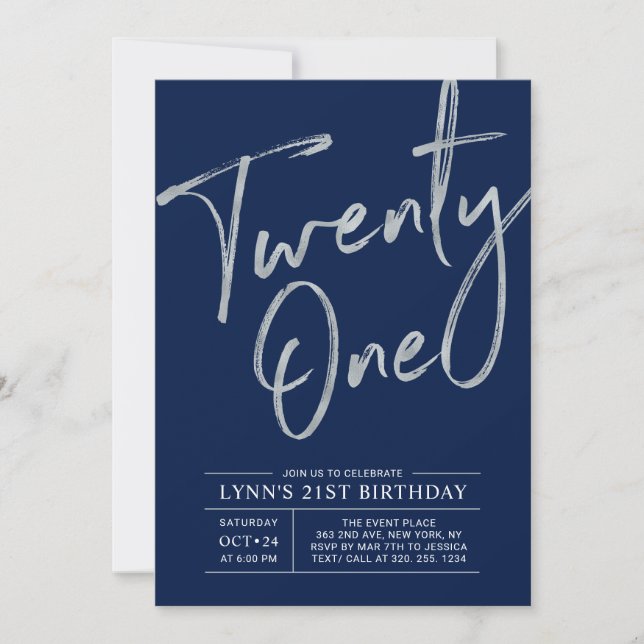 Invitación Veintiuno | Cumpleaños 21 Fiesta de Plata y Azul (Anverso)