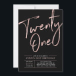 Invitación Veintiuno | Cumpleaños 21 Rosa Dorado y Negro<br><div class="desc">Celebra tu día especial con esta elegante invitación de cumpleaños 21 rosa dorado y negro. Este diseño presenta un elegante "Veintiuno" con escritura de pincel rosa dorado con un diseño limpio sobre un fondo negro. Los suministros para la fiesta de cumpleaños correspondientes están disponibles en mi tienda BaraBomDesign.</div>