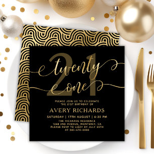Invitación Veintiuno Elegante Letra Dorada Cumpleaños 21 Negr