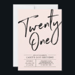 Invitación Veintiuno | Fiesta de cumpleaños moderna de 21 año<br><div class="desc">Celebra tu día especial con esta sencilla y elegante invitación de cumpleaños número 21. Este diseño presenta una tipografía de pincel elegante con un diseño limpio en una combinación de colores negro y rosa pálido. Más diseños disponibles en mi tienda BaraBomDesign.</div>