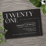 Invitación Veintiuno | Moderno Mínimo Negro 21º cumpleaños<br><div class="desc">Invitaciones modernas para el 21º cumpleaños con el título "veintiuno" en un tipo de acento. Diseño fuera de centro con fuente blanca en un fondo negro que contrasta.</div>