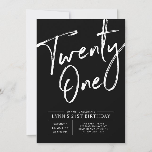 Invitación Veintiuno Negro | Fiesta de Cumpleaños Moderna 21 (Anverso)