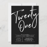 Invitación Veintiuno negro | Moderno Fiesta de cumpleaños 21<br><div class="desc">Celebra tu día especial con esta sencilla y elegante invitación a la fiesta de cumpleaños 21. Este diseño presenta el guión de pincel de moda "Twenty One" con un diseño limpio en combinación de color blanco y negro. Más diseños disponibles en mi tienda BaraBomDesign.</div>