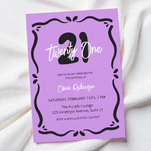Invitación Veintiuno Negro Púrpura Elegante Chic Cumpleaños 2