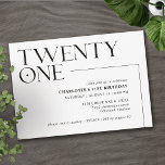Invitación Veintiuno | Noveintiún años blanco y negro moderno<br><div class="desc">Invitaciones modernas para el 21º cumpleaños con el título "veintiuno" en un tipo de acento. Diseño fuera de centro con un sencillo esquema de color blanco y negro.</div>