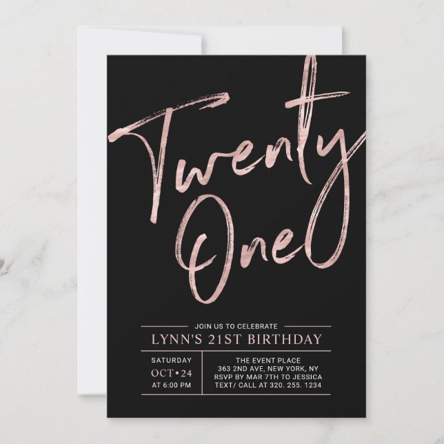 Invitación Veintiuno | Rosa Oro y Fiesta 21 de cumpleaños (Anverso)