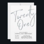 Invitación Veintiuno | Silver 21st Birthday Fiesta<br><div class="desc">Celebra tu día especial con esta sencilla y elegante invitación a la fiesta de cumpleaños 21. Este diseño presenta un guión de broche plateado de moda "Twenty-one" con un diseño limpio. Más diseños disponibles en mi tienda BaraBomDesign.</div>