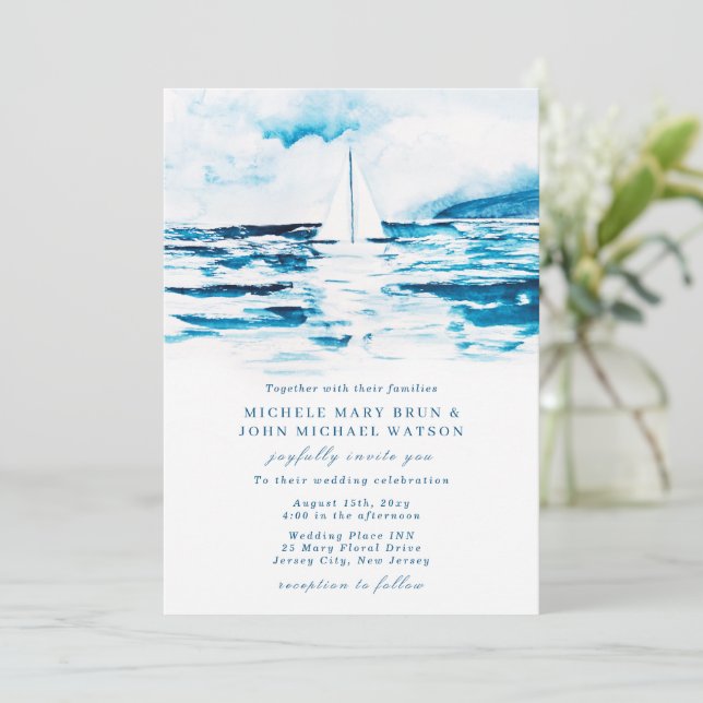 Invitación Vela acuarela Azul Mar Blanco Boda de verano (Anverso de pie)