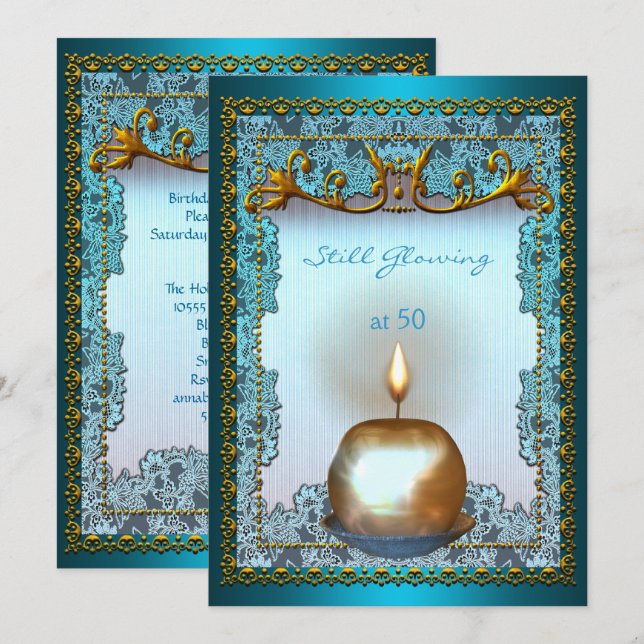 Invitación Vela de cumpleaños de oro turquesa que aún brilla  (Anverso / Reverso)