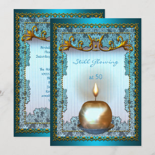 Invitación Vela de cumpleaños de oro turquesa que aún brilla