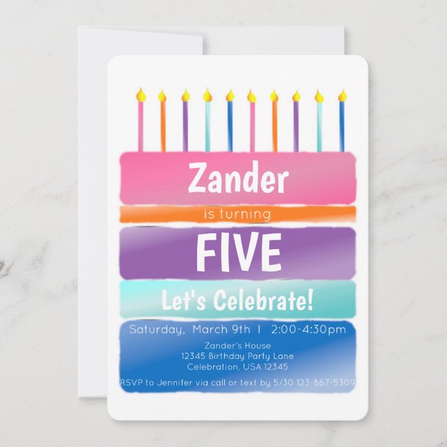 Invitación Vela de cumpleaños de torta con rayas de arcoíris (Anverso)