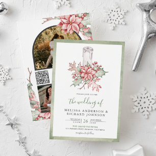 Invitación Vela de Navidad con Poinsettia Rústica Código QR B