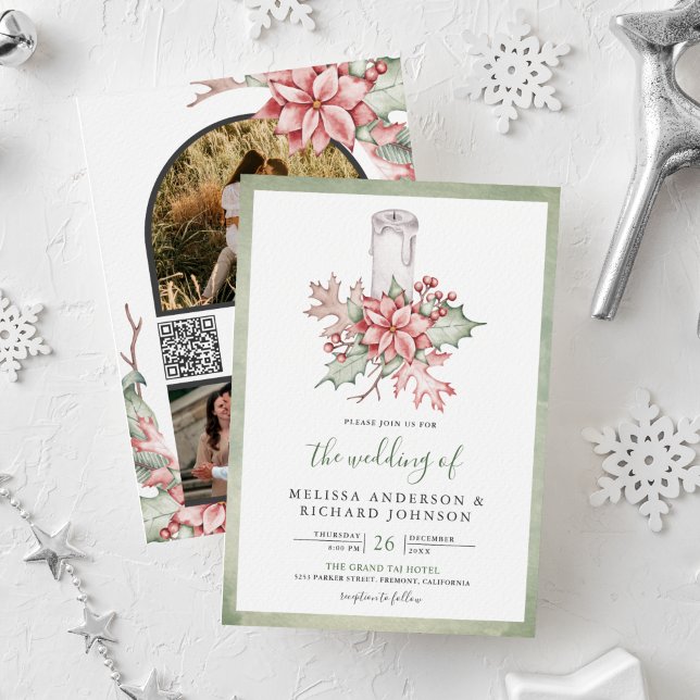 Invitación Vela de Navidad con Poinsettia Rústica Código QR B (Subido por el creador)