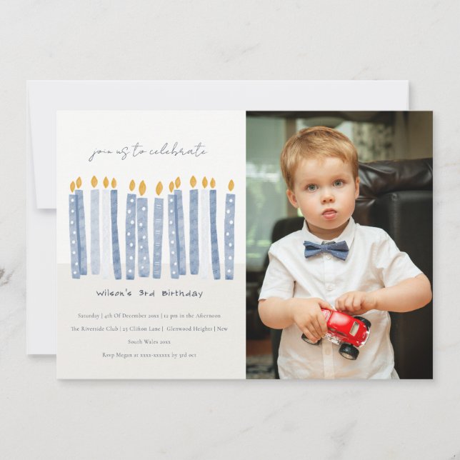 Invitación Velas de cumpleaños para la foto azul amarilla de  (Anverso)