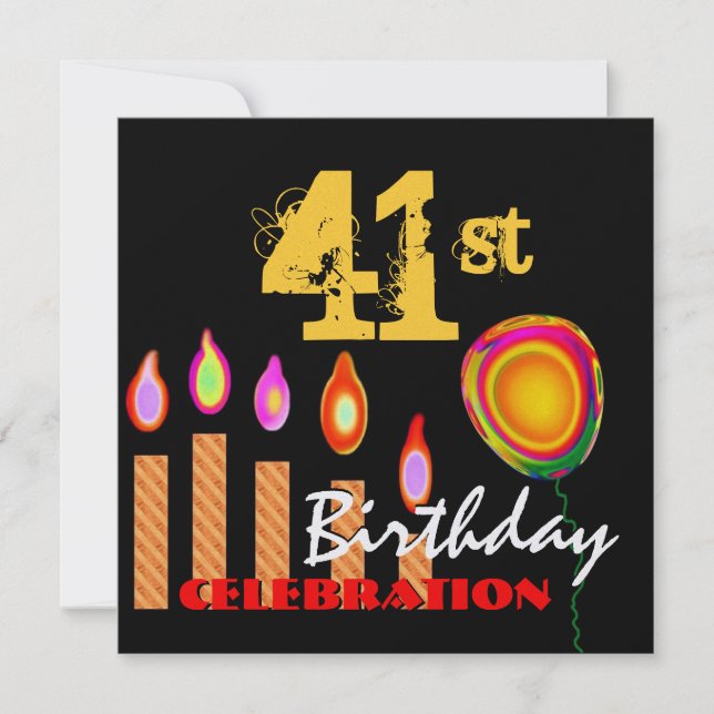 Invitación Velas de oro de 41 cumpleaños y metal globo (Anverso)