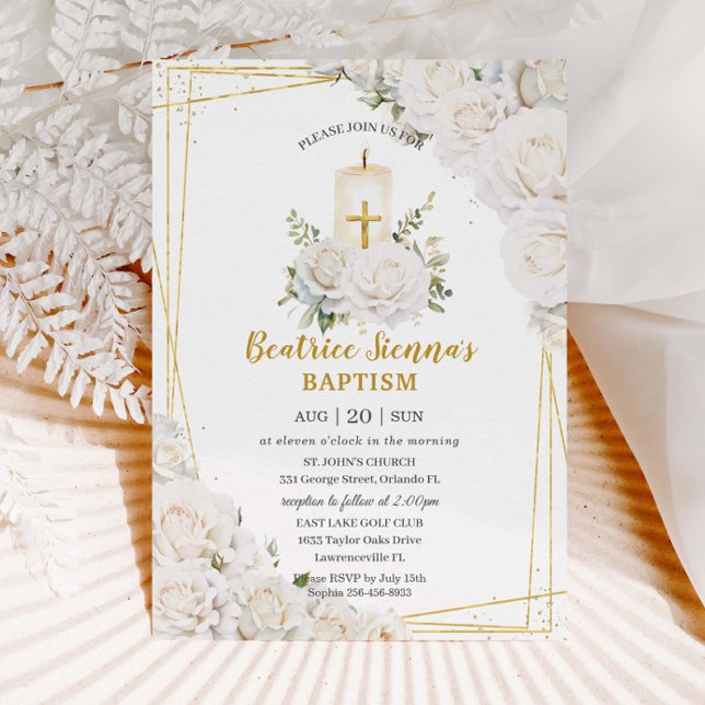 Invitación Velas Florales de Bautizo de Rosas Blancas Chic (Subido por el creador)